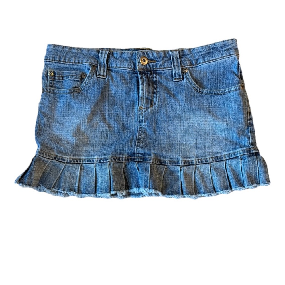 Vintage LEI Denim Skirt Size 5 Blue Mini Micro Pleated Skirt Coquette Y2K 90s